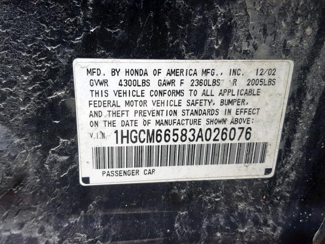 1HGCM66583A026076 - 2003 HONDA ACCORD BLACK photo 10