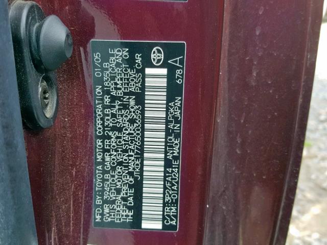 JTKDE177650036593 - 2005 TOYOTA SCION TC MAROON photo 10