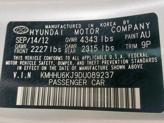 KMHHU6KJ9DU089237 - 2013 HYUNDAI GENESIS CO SILVER photo 10