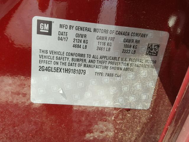 2G4GL5EX1H9181079 - 2017 BUICK REGAL SPOR RED photo 10