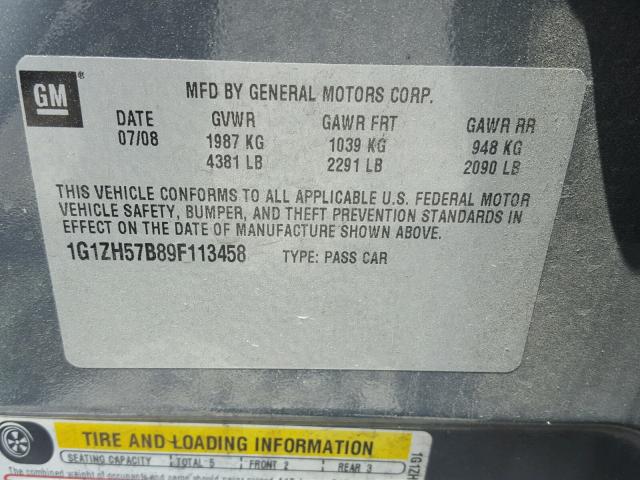 1G1ZH57B89F113458 - 2009 CHEVROLET MALIBU 1LT ნაცრისფერი ფოტო 10