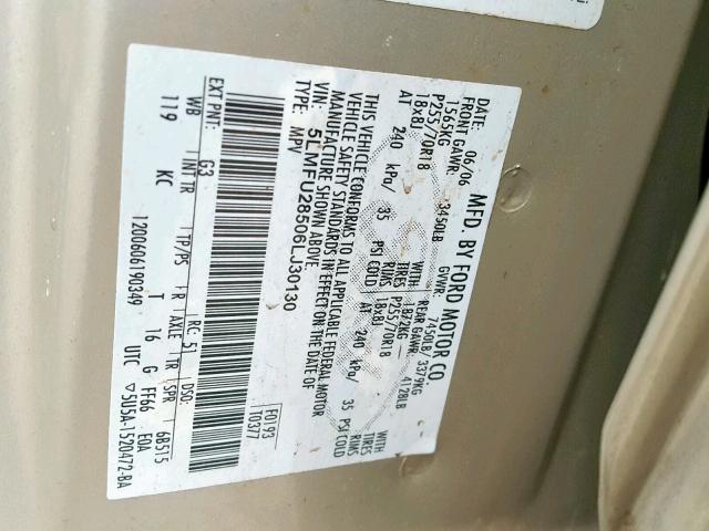 5LMFU28506LJ30130 - 2006 LINCOLN NAVIGATOR თაფლისფერი ფოტო 10