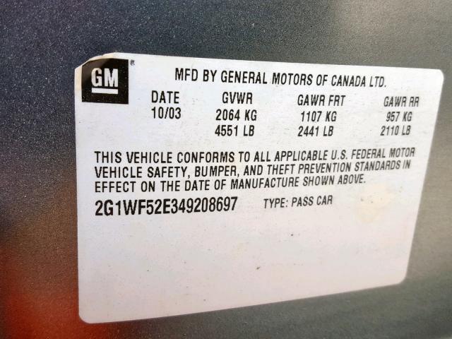 2G1WF52E349208697 - 2004 CHEVROLET IMPALA GRAY photo 10