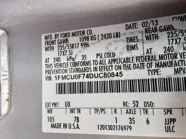 1FMCU0F74DUC80845 - 2013 FORD ESCAPE S SILVER photo 10