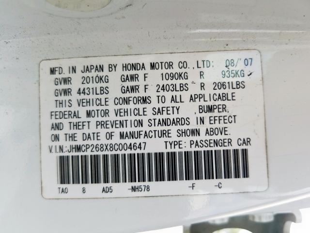 JHMCP268X8C004647 - 2008 HONDA ACCORD EXL  photo 10