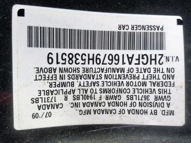 2HGFA16679H538519 - 2009 HONDA CIVIC LX-S BLACK photo 10