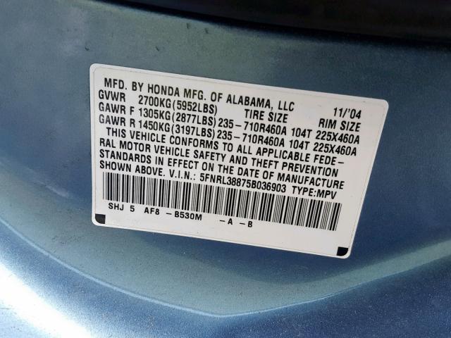 5FNRL38875B036903 - 2005 HONDA ODYSSEY TO BLUE photo 10