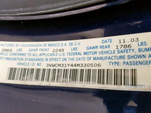 3VWCM31Y44M330506 - 2004 VOLKSWAGEN NEW BEETLE ლურჯი ფოტო 10