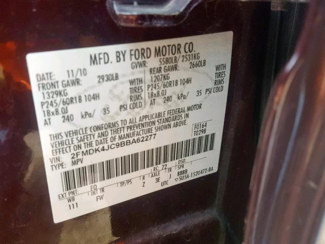 2FMDK4JC9BBA62277 - 2011 FORD EDGE SEL MAROON photo 10