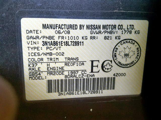 3N1AB61E18L728911 - 2008 NISSAN SENTRA 2.0 GRAY photo 10