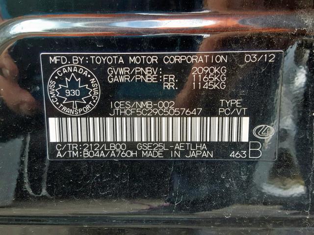 JTHCF5C29C5057647 - 2012 LEXUS IS 250 BLACK photo 10