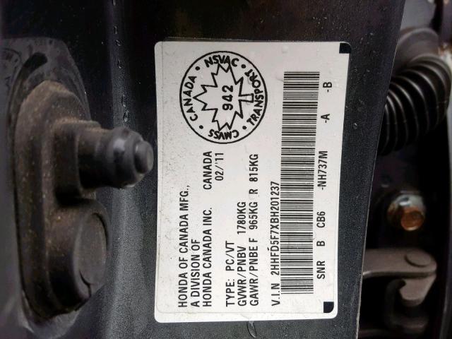 2HHFD5F7XBH201237 - 2011 ACURA CSX TECHNO GRAY photo 10