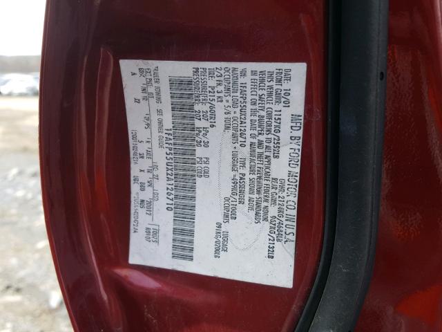 1FAFP55UX2A126710 - 2002 FORD TAURUS SES RED photo 10