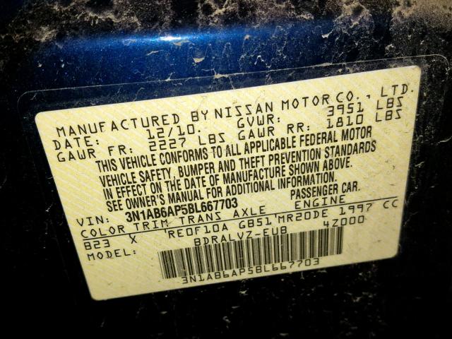 3N1AB6AP5BL667703 - 2011 NISSAN SENTRA 2.0 BLUE photo 10