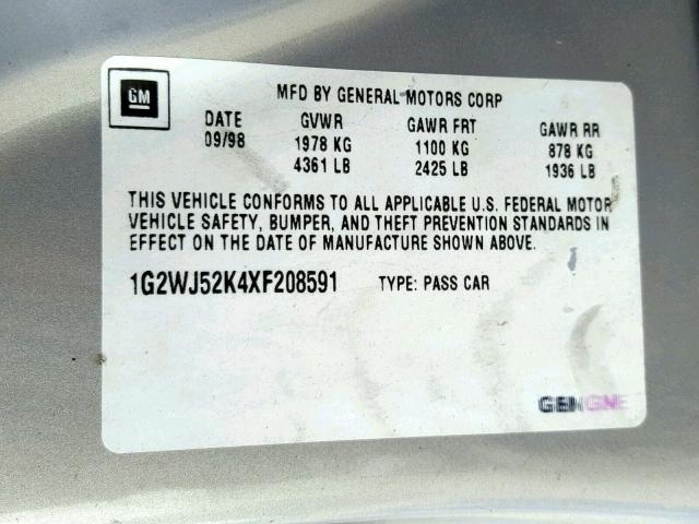 1G2WJ52K4XF208591 - 1999 PONTIAC GRAND PRIX SILVER photo 10