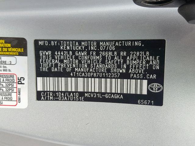 4T1CA30P87U112357 - 2007 TOYOTA CAMRY SOLARA SE  photo 10