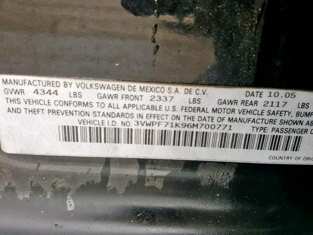 3VWPF71K96M700771 - 2006 VOLKSWAGEN JETTA VALU BLACK photo 10