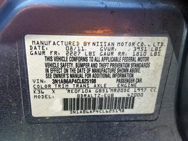 3N1AB6AP4CL625198 - 2012 NISSAN SENTRA 2.0 GRAY photo 10