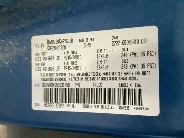 1D3HW42K65S331756 - 2005 DODGE DAKOTA SLT BLUE photo 10