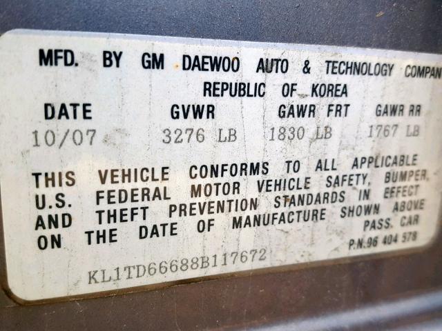 KL1TD66688B117672 - 2008 CHEVROLET AVEO BASE Сұр фото 10