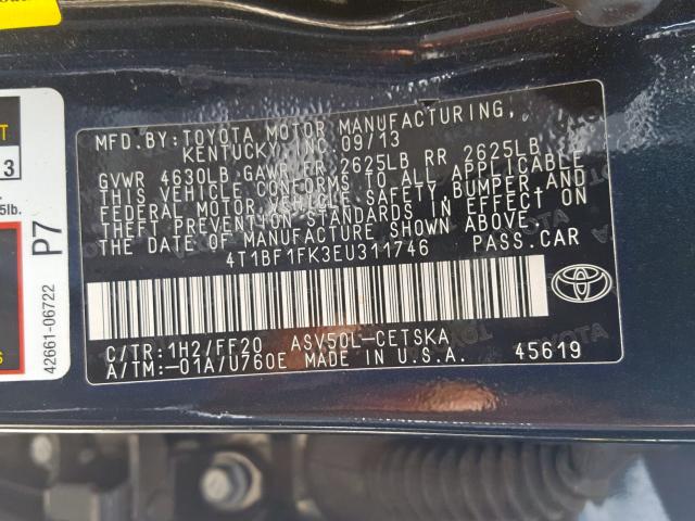 4T1BF1FK3EU311746 - 2014 TOYOTA CAMRY L  photo 10