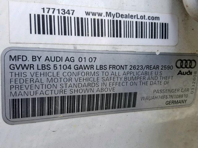 WAUAH74F57N108810 - 2007 AUDI A6 3.2 WHITE photo 10