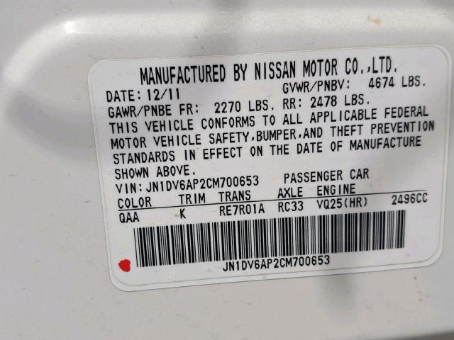 JN1DV6AP2CM700653 - 2012 INFINITI G25 BASE WHITE photo 10