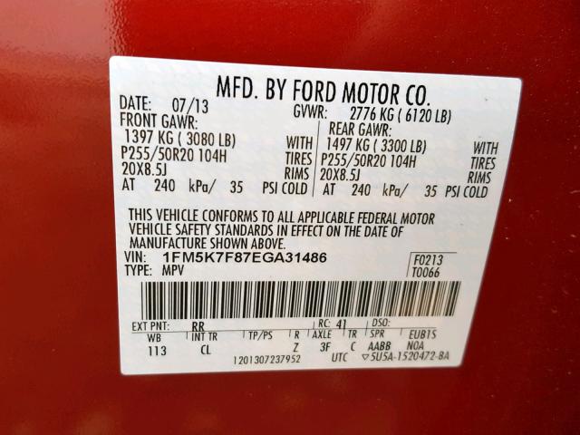 1FM5K7F87EGA31486 - 2014 FORD EXPLORER L RED photo 10