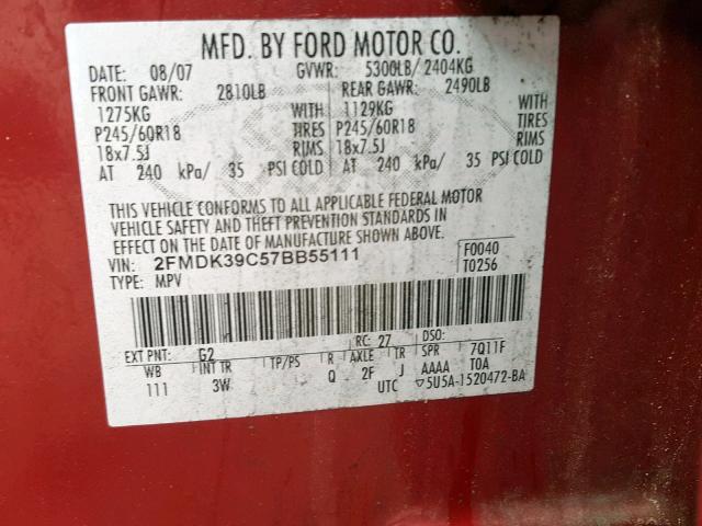 2FMDK39C57BB55111 - 2007 FORD EDGE SEL P RED photo 10