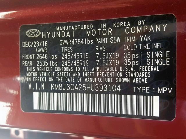 KM8J3CA25HU393104 - 2017 HYUNDAI TUCSON LIM BURGUNDY photo 10