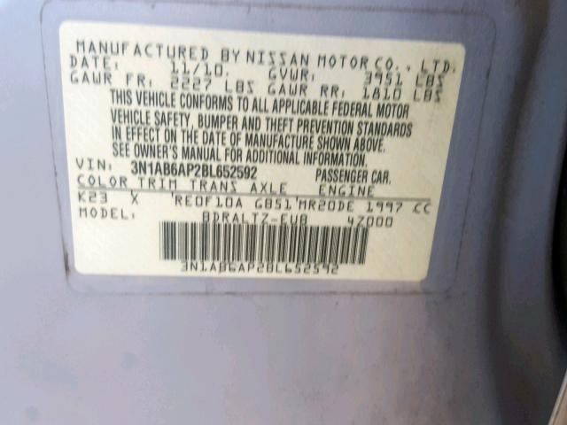 3N1AB6AP2BL652592 - 2011 NISSAN SENTRA 2.0 SILVER photo 10