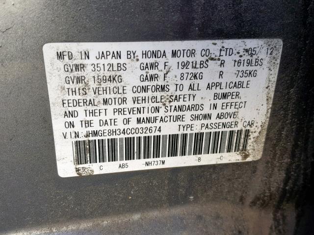 JHMGE8H34CC032674 - 2012 HONDA FIT GRAY photo 10