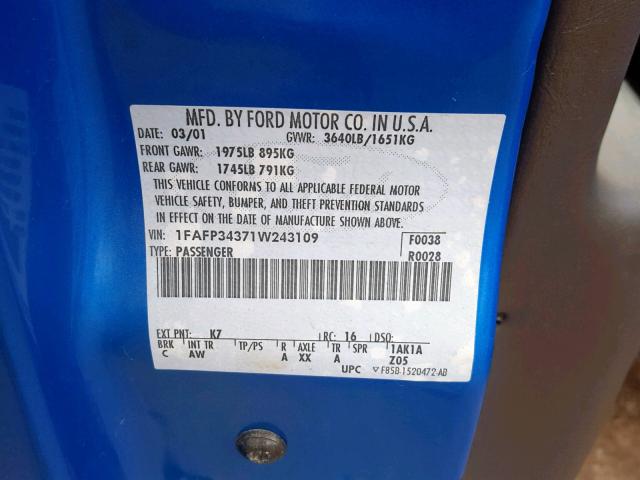 1FAFP34371W243109 - 2001 FORD FOCUS SE BLUE photo 10