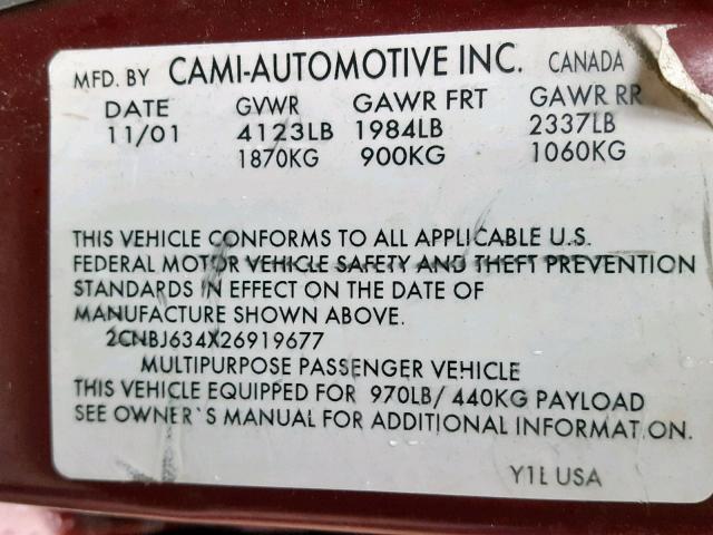 2CNBJ634X26919677 - 2002 CHEVROLET TRACKER LT BURGUNDY photo 10