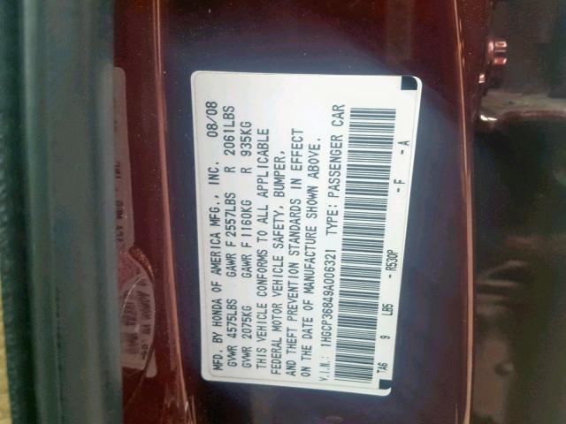1HGCP36849A006321 - 2009 HONDA ACCORD EXL BURGUNDY photo 10