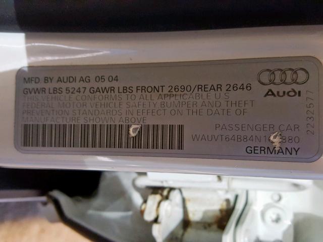 WAUVT64B84N103880 - 2004 AUDI A6 3.0 AVA WHITE photo 10