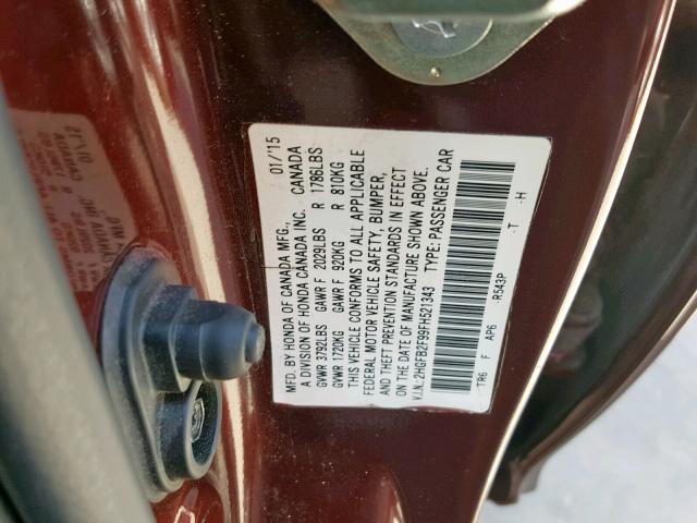 2HGFB2F99FH521343 - 2015 HONDA CIVIC EXL მუქწითელი ფოტო 10