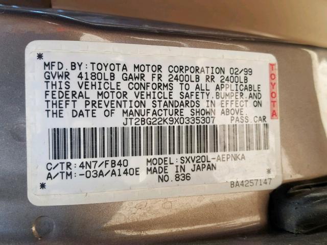 JT2BG22K9X0335307 - 1999 TOYOTA CAMRY LE BEIGE photo 10