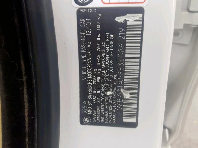 WBANA53535B861219 - 2005 BMW 525 I WHITE photo 10