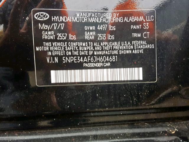 5NPE34AF6JH604681 - 2018 HYUNDAI SONATA SPO BLACK photo 10