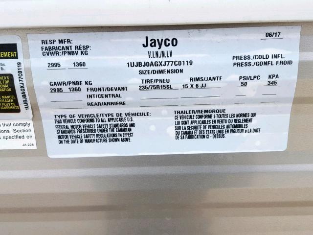 1UJBJ0AGXJ77C0119 - 2018 JAYCO JAYFLIGHT  WHITE photo 10