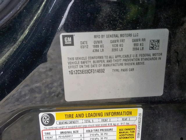1G1ZC5E03CF314692 - 2012 CHEVROLET MALIBU 1LT BLACK photo 10
