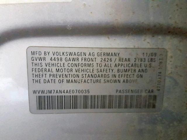 WVWJM7AN4AE070035 - 2010 VOLKSWAGEN PASSAT KOM SILVER photo 10