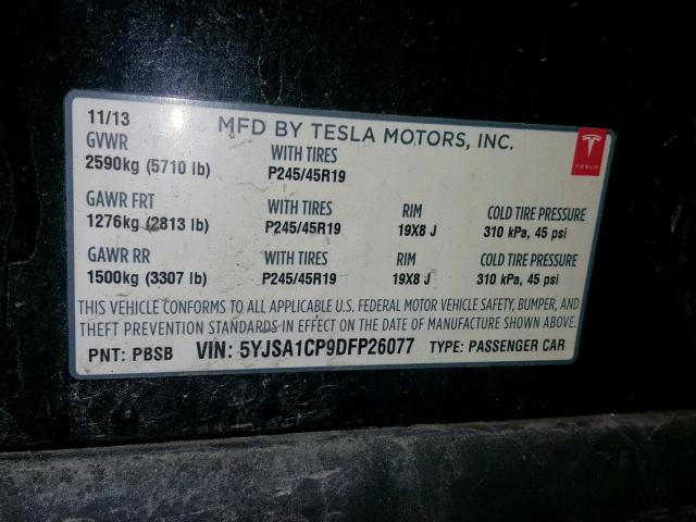 5YJSA1CP9DFP26077 - 2013 TESLA MODEL S BLACK photo 10