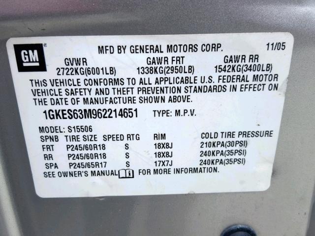 1GKES63M962214651 - 2006 GMC ENVOY DENA SILVER photo 10