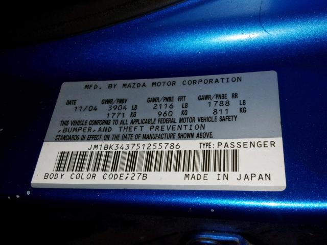 JM1BK343751255786 - 2005 MAZDA 3 HATCHBAC BLUE photo 10