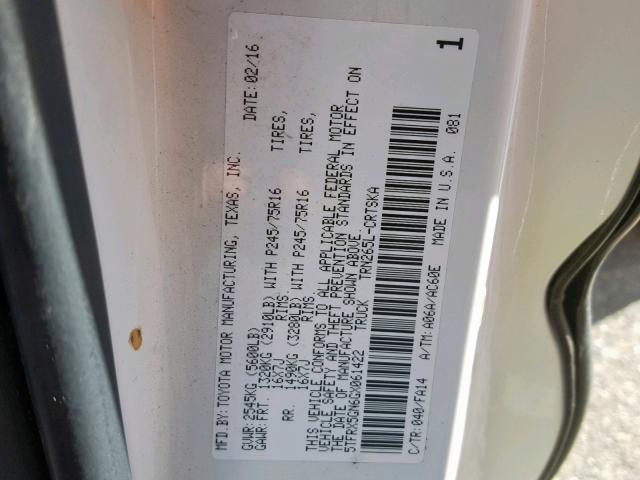 5TFRX5GN6GX061422 - 2016 TOYOTA TACOMA ACC თეთრი ფოტო 10