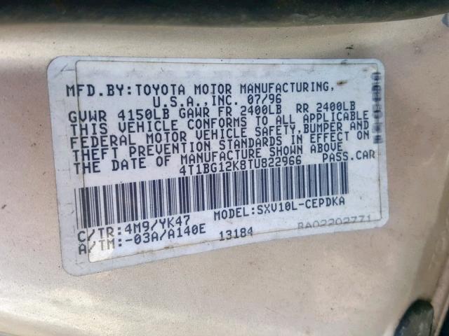 4T1BG12K8TU822966 - 1996 TOYOTA CAMRY DX SILVER photo 10