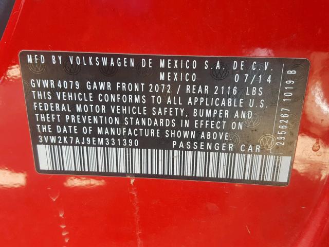 3VW2K7AJ9EM331390 - 2014 VOLKSWAGEN JETTA BASE RED photo 10