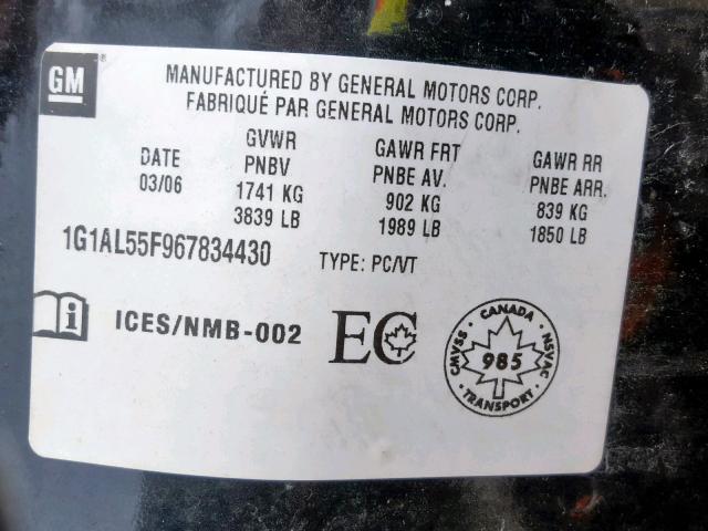 1G1AL55F967834430 - 2006 CHEVROLET COBALT LT BLACK photo 10